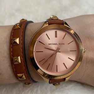 Michael Kors brown/rose gold studded watch with box